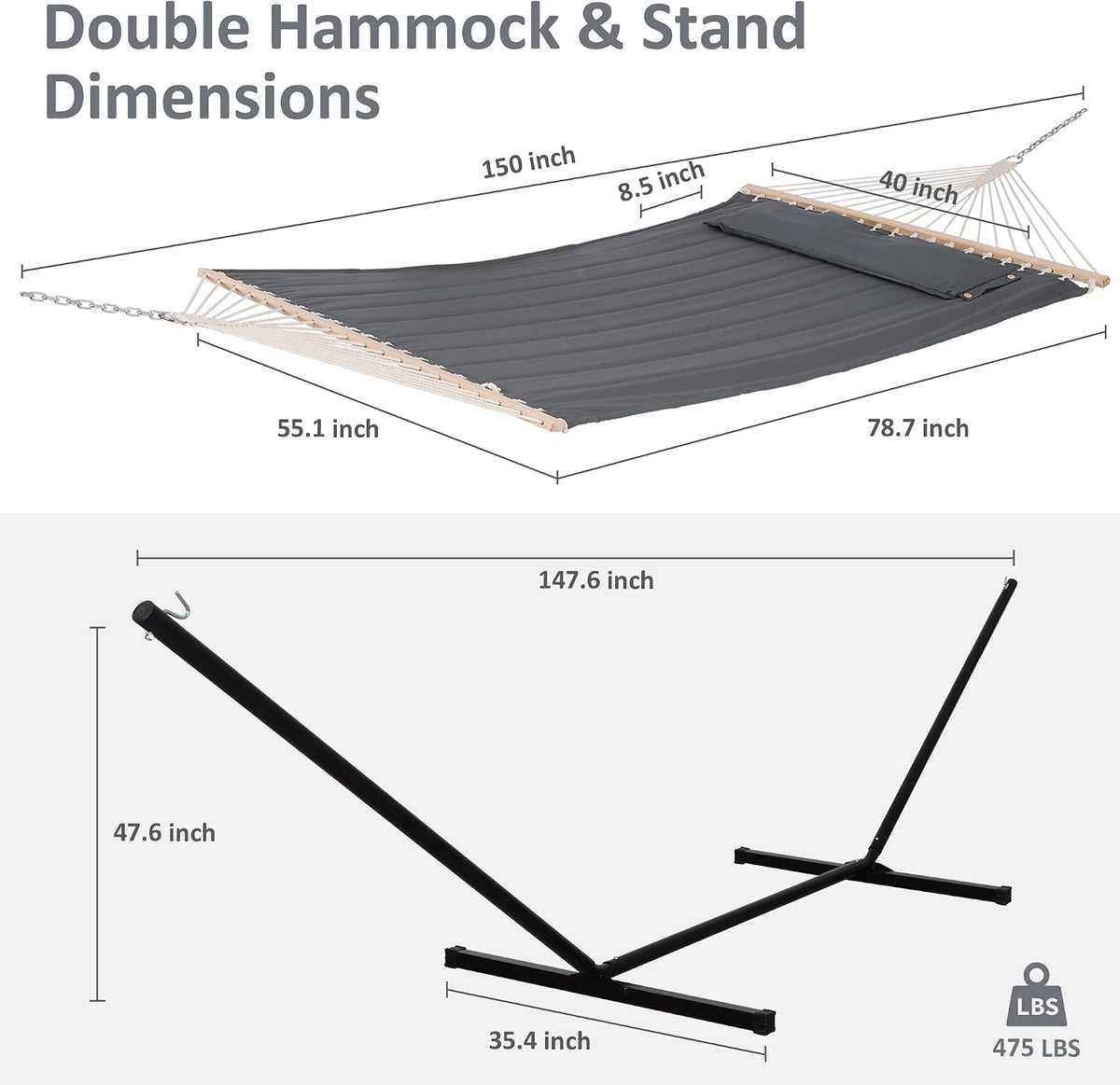 SUNCREAT 2 Person Hammock with Stand, 475 lbs Capacity, Dark Grey