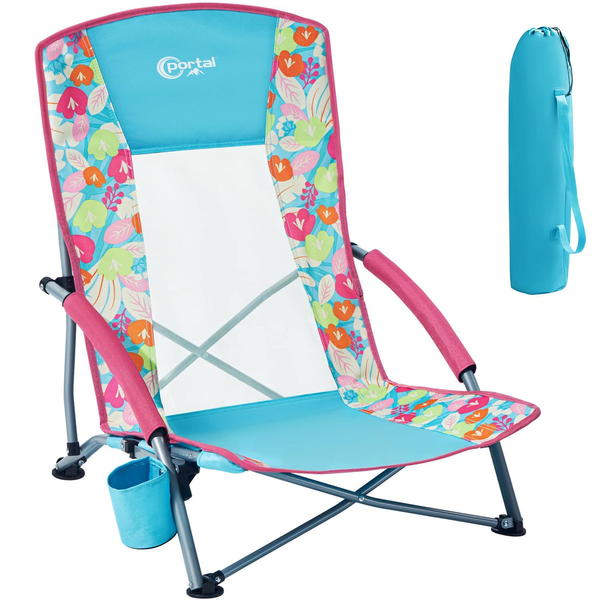 Portal Beach Chairs for Adults Camping Low Lightweight Portable Chair with Cup Holder Mesh Back Carry Bag for Outdoor Sand Lawn Travel Picnic Festival Concert