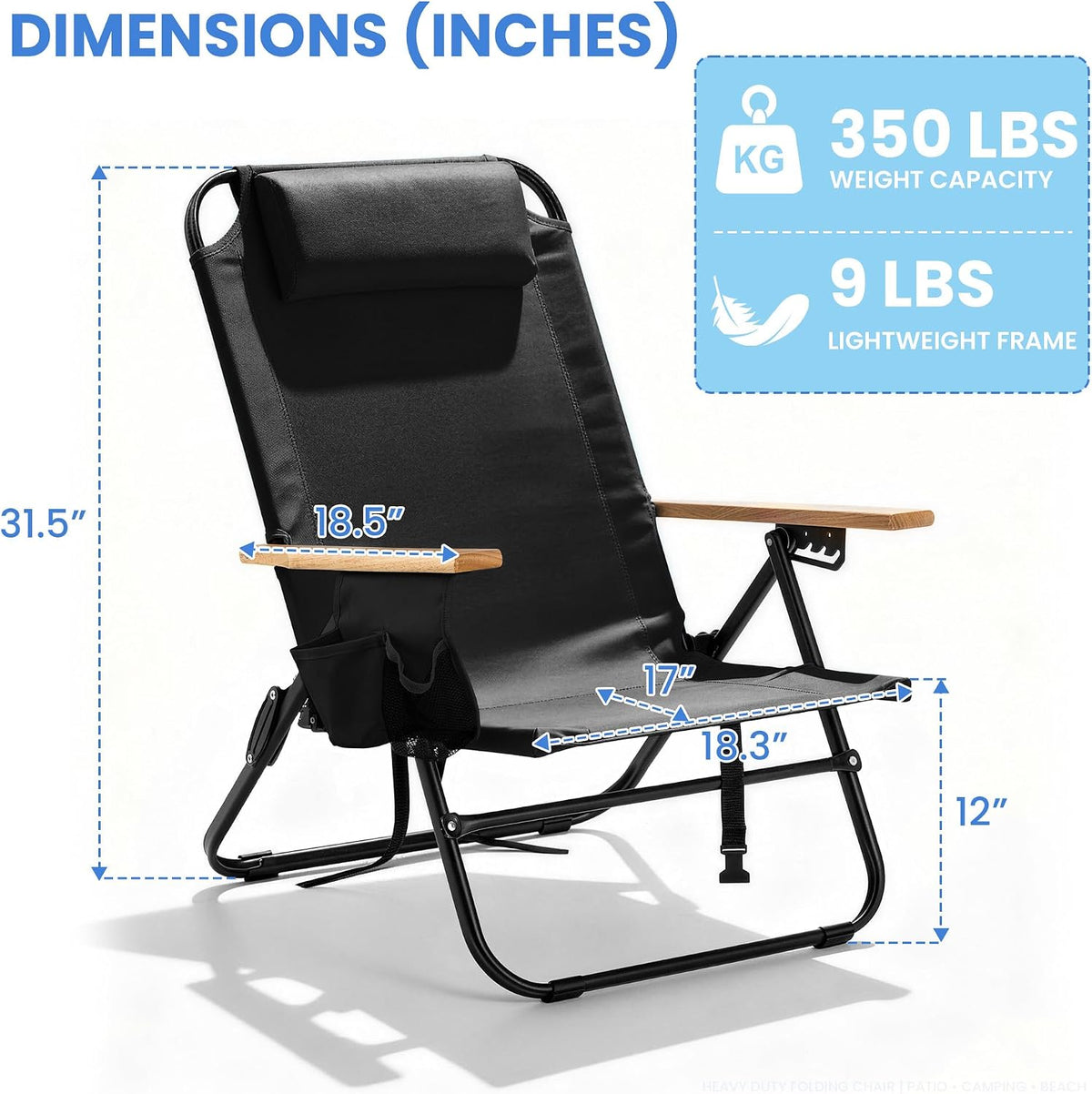 2 Pack Premium 5-Position Reclining Camping Chair - Portable Folding Lightweight Outdoor Chair with Wooden Armrests, Headrest & Pockets, 350lbs Heavy Duty for Beach, Patio, Backyard, Black