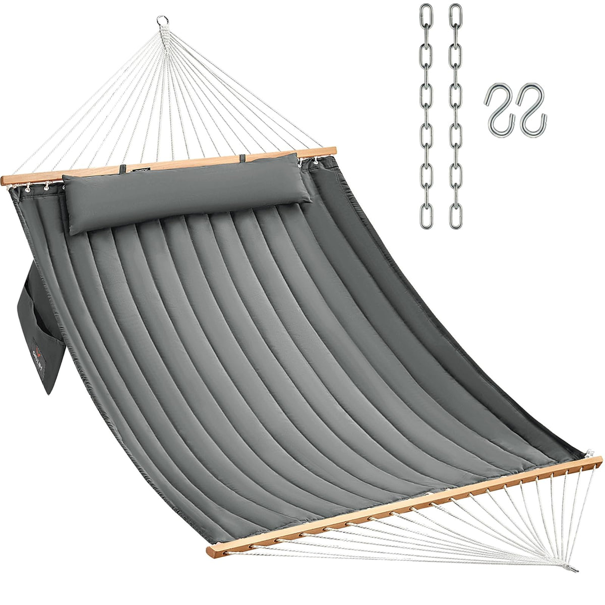 CHULIM Double Quilted Fabric Hammock with Hardwood Spreader Bars and Pillow 450 LBS Capacity 2 Person Large Hammock for Outdoor Patio Backyard Poolside - Green