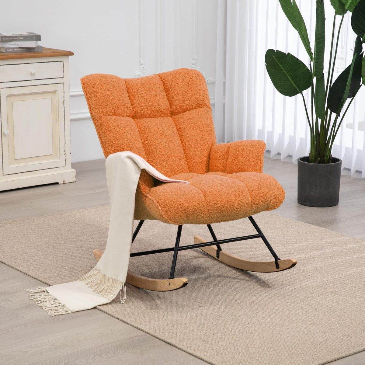 SAETSFEG Rocking Chair Nursery Teddy Upholstered Glider Rocker Rocking Accent Chair Padded Seat with High Backrest Armchair Comfy Side Chair for Living Room Bedroom Offices (Grey Teddy)