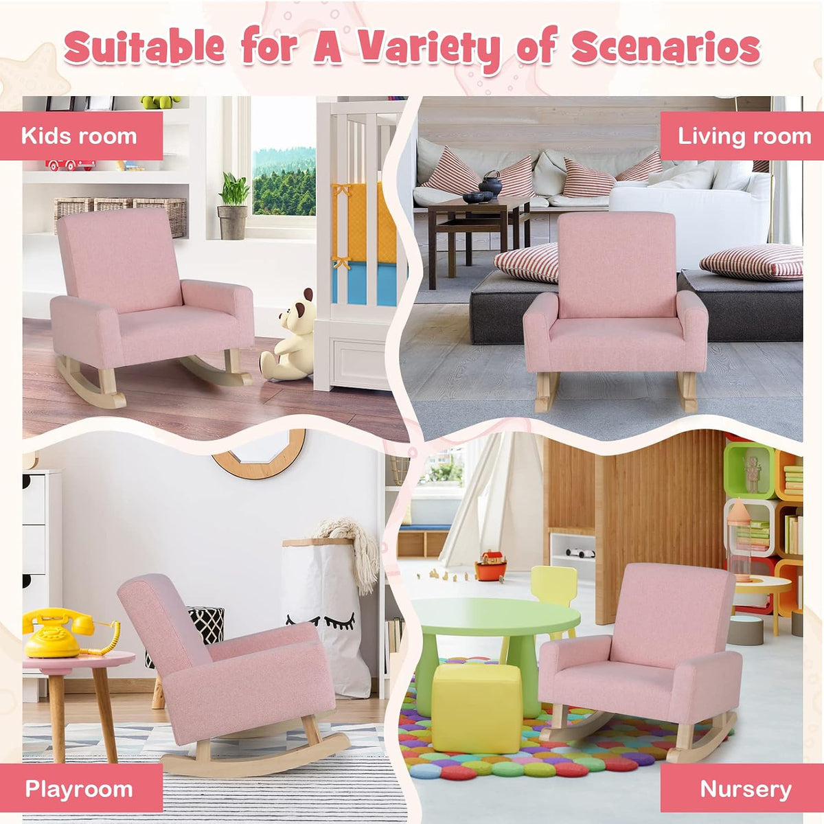 Costzon Kids Sofa, Toddler Rocking Chair with Solid Wood Frame, Linen Fabric, Anti-Tipping Design, Children Furniture Armchair for Kids Room, Nursery, Playroom, Preschool, Gift for Boys Girls (Pink)