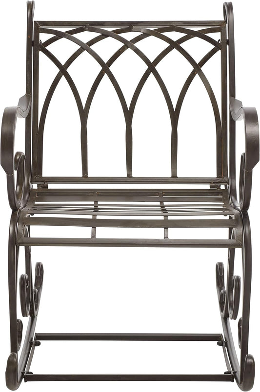 SAFAVIEH Outdoor - Medrano Iron Rocking Chair - Rustic Brown Iron Metal - Vintage Ornate Scrollwork Design - Ideal for Patio, Deck, Porch, Garden, 15" Seat Height (PAT5030B)