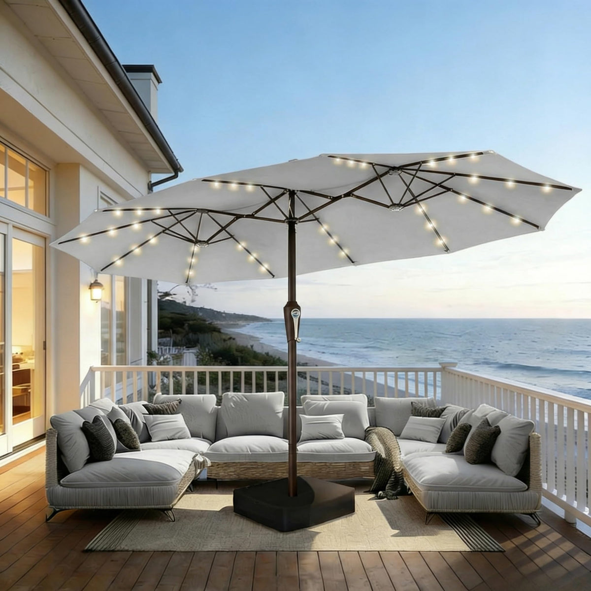 15FT Patio Umbrella with Solar Lights, Double-Sided Extra Large Outdoor Table Umbrella with Base Included, Heavy-Duty 12 Iron Ribs Market Umbrella for Garden, Pool, Backyard, Turquoise Blue