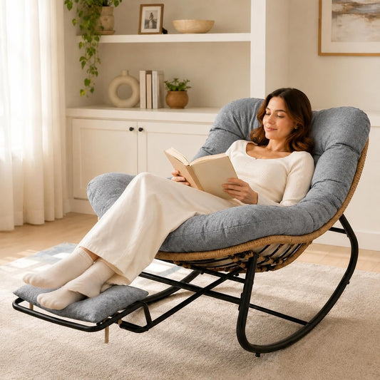 Oversized Rocking Chair with Zero-Gravity Foot Rest & Ottoman, Comfy Lounge Chair for Patio, Porch, Balcony, Indoor Reading Nook, Big Cozy Chaise Chair for Outdoor & Home Use, Grey