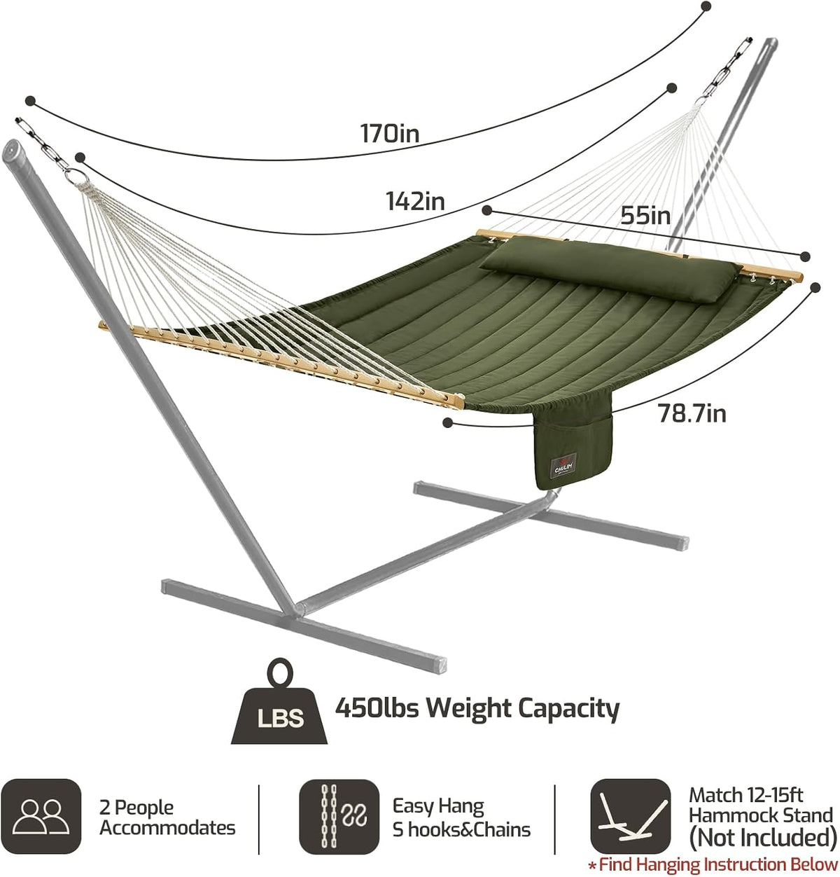CHULIM Double Quilted Fabric Hammock with Hardwood Spreader Bars and Pillow 450 LBS Capacity 2 Person Large Hammock for Outdoor Patio Backyard Poolside - Green