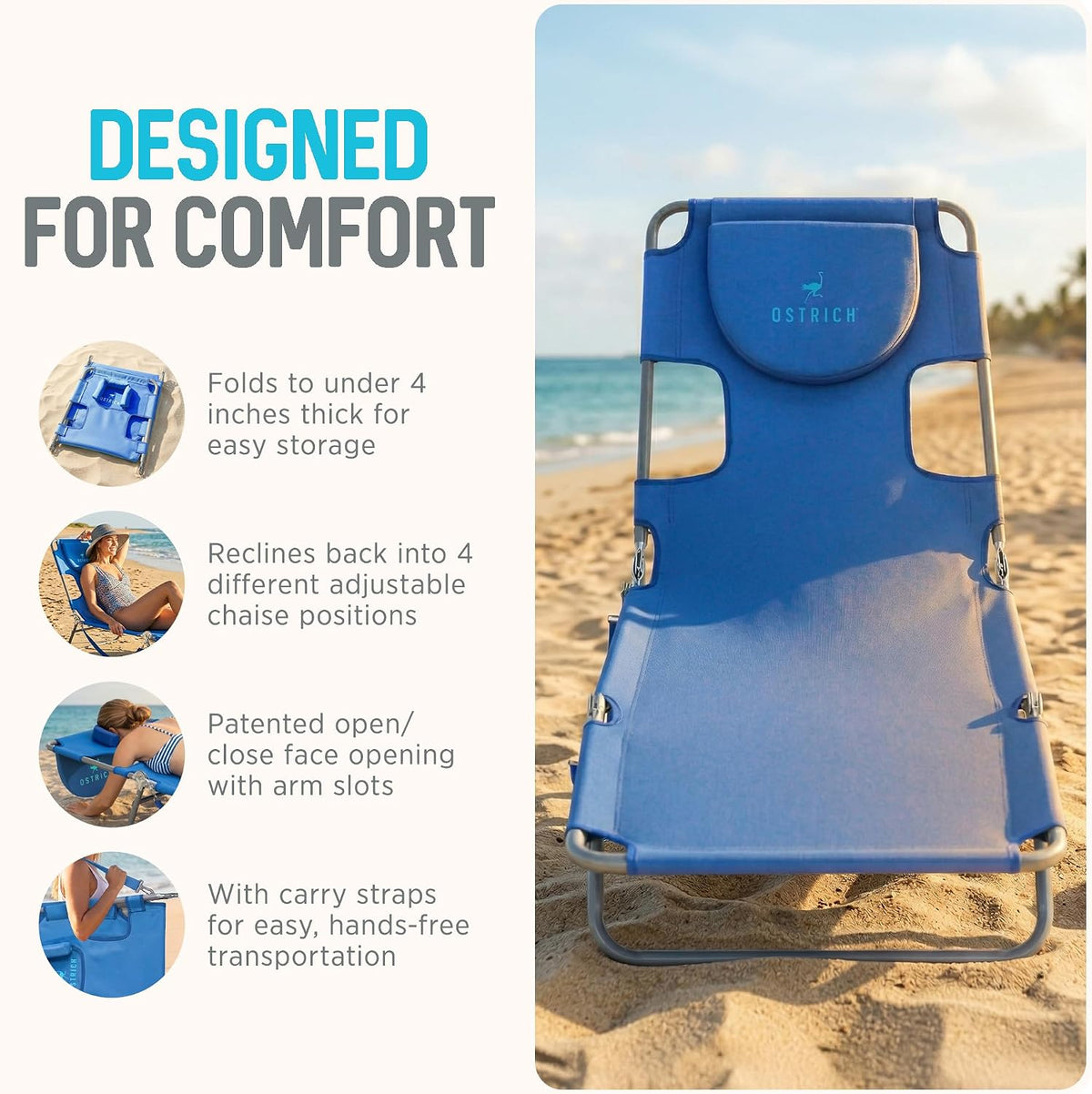 Ostrich The Original Chaise Lounge 72"x22" Portable Reclining Lounger, Blue