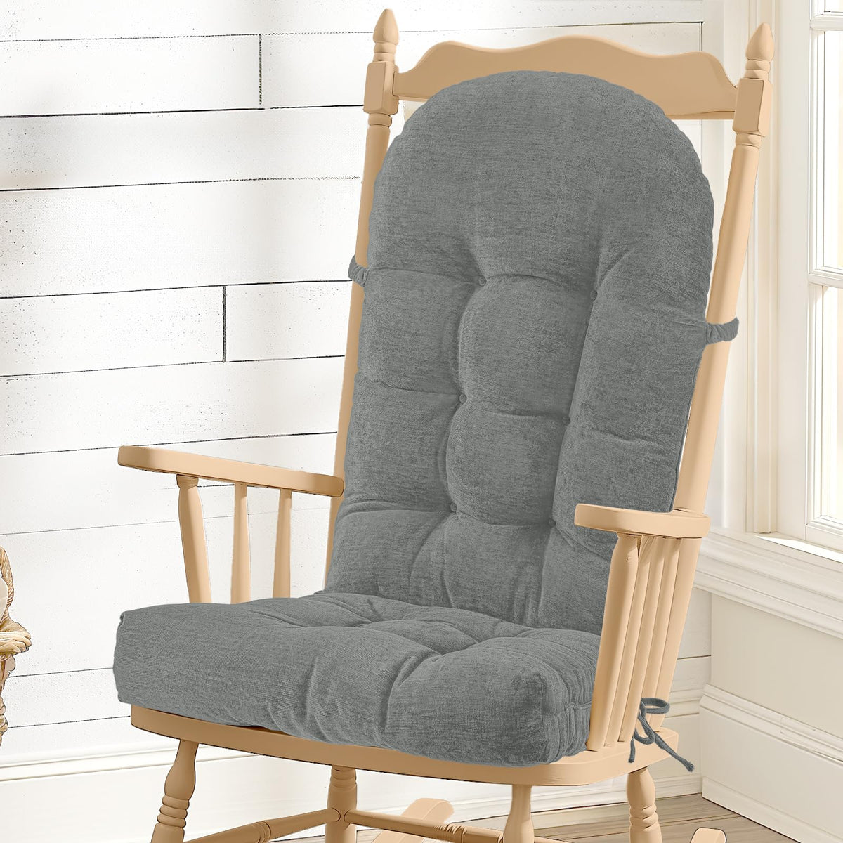 Rocking Chair Cushion - Soft Chenille Fabric Seat Pad with Tufted Design, Non-Slip Bottom and Secure Ties, for Glider, Adirondack and Indoor Rocker Chair, 44x19x4 Inch, Oyster White