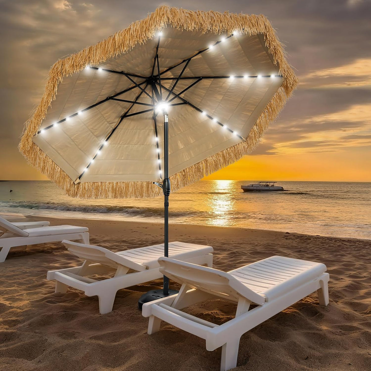 9FT Solar Tiki Thatched Umbrella With 32 LED+1 Centre Lights for Outdoor