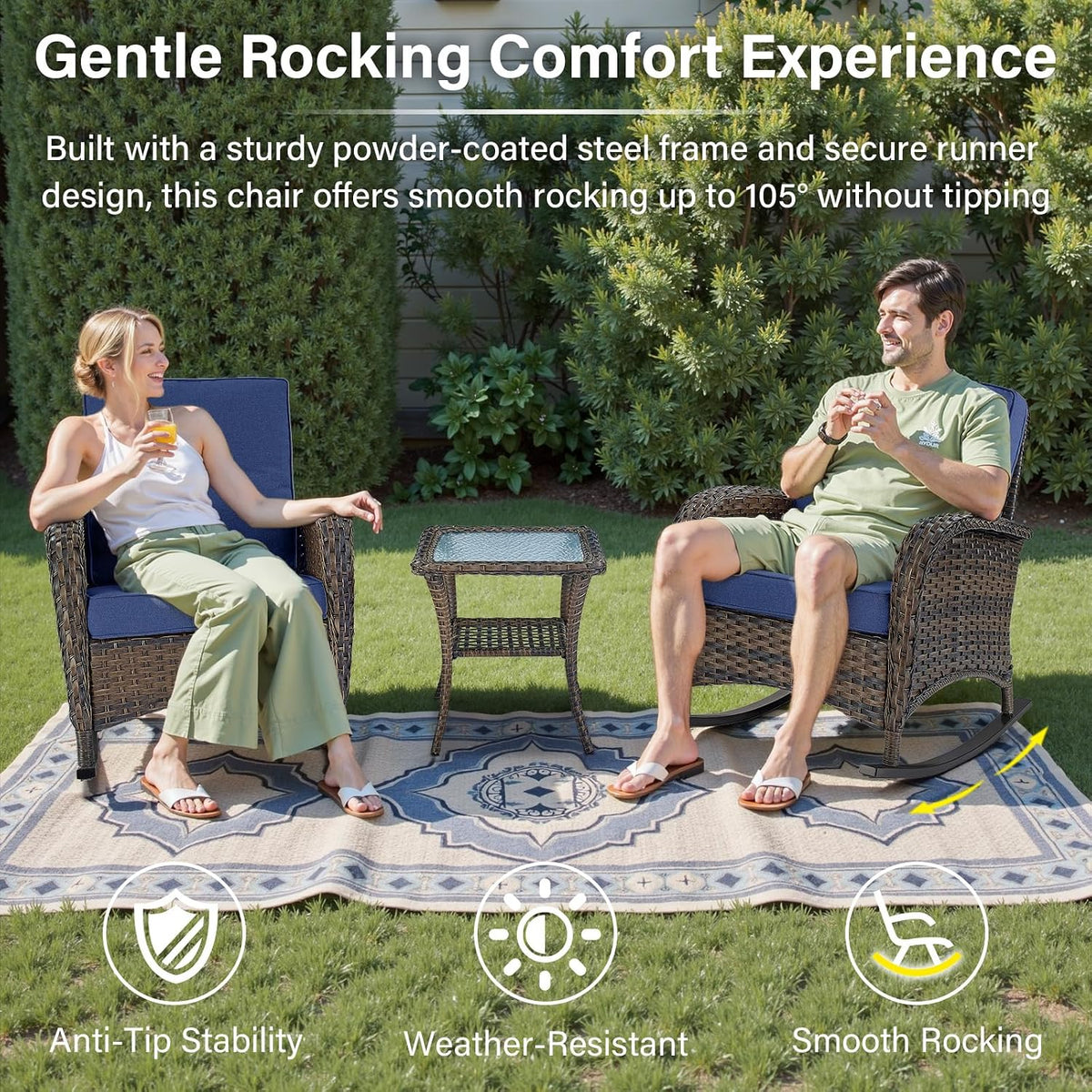 Belord Patio Rocking Chair Wicker Chair, 1 Piece Outdoor Rocking Chair Seating with Cushions for Porch Deck Balcony, Brown/Blue