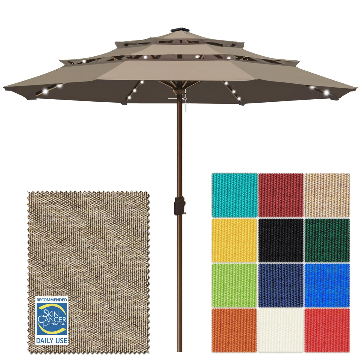 EliteShade USA 10-Year-Non-Fading 9ft 3-Tier Market Patio Umbrella, Commercial Table Umbrella with 80 Solar LED Lights, Crank Open, Windproof & UPF 50+ UV Protection for Garden, Deck, Pool, Backyard, Heather Beige