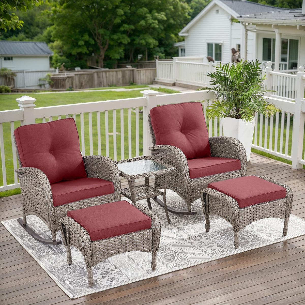 Belord Patio Rocking Chair Wicker Chair, 1 Piece Outdoor Rocking Chair Seating with Cushions for Porch Deck Balcony, Brown/Blue