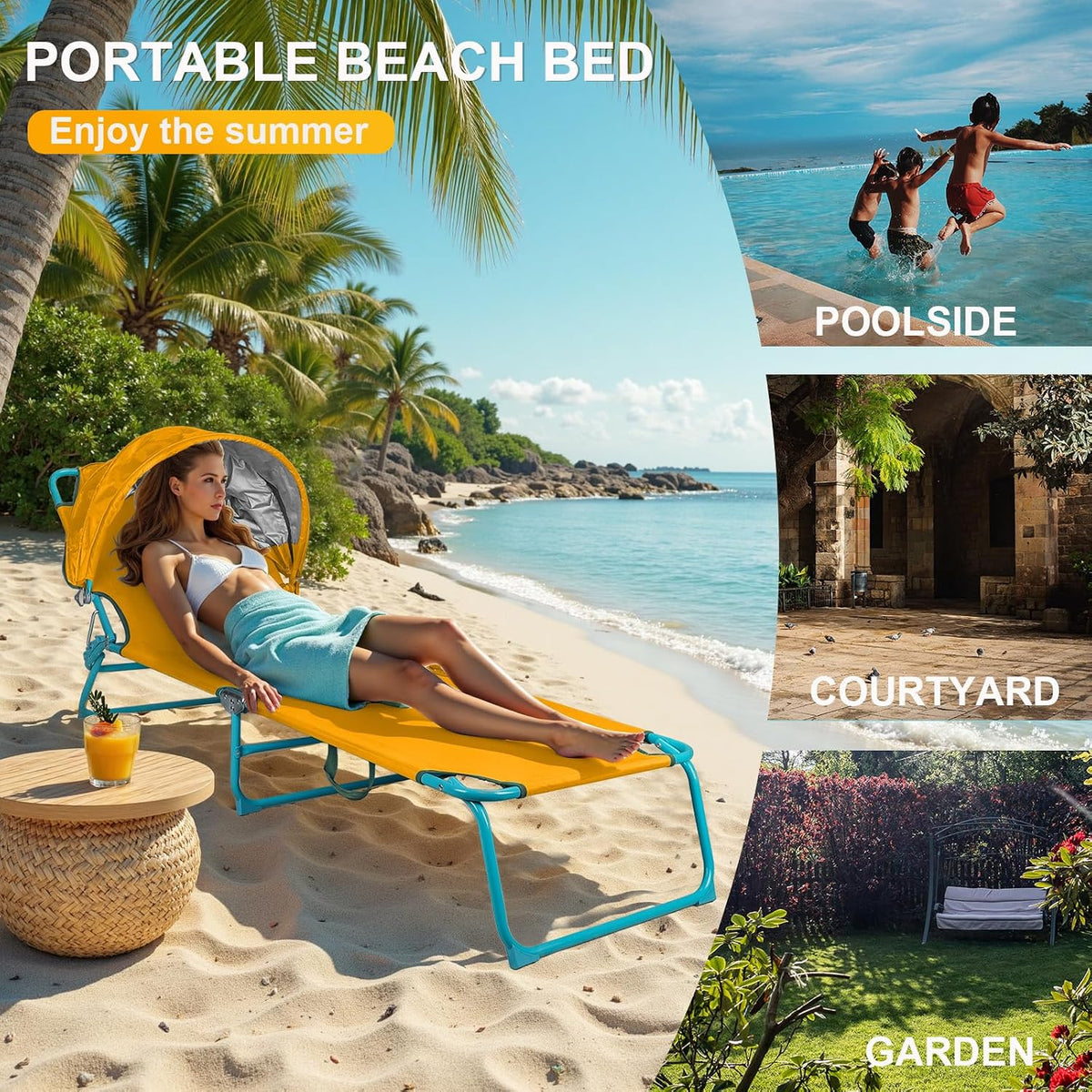 Colorsoul Tanning Chair with Sun Canopy,Adjustable 4-Position Beach Lounge Chair for Adults,Heavy Duty Folding Outdoor Lounge Chair,for Patio Poolside Sunbathing,UPF 50+,300 LBS,Yellow