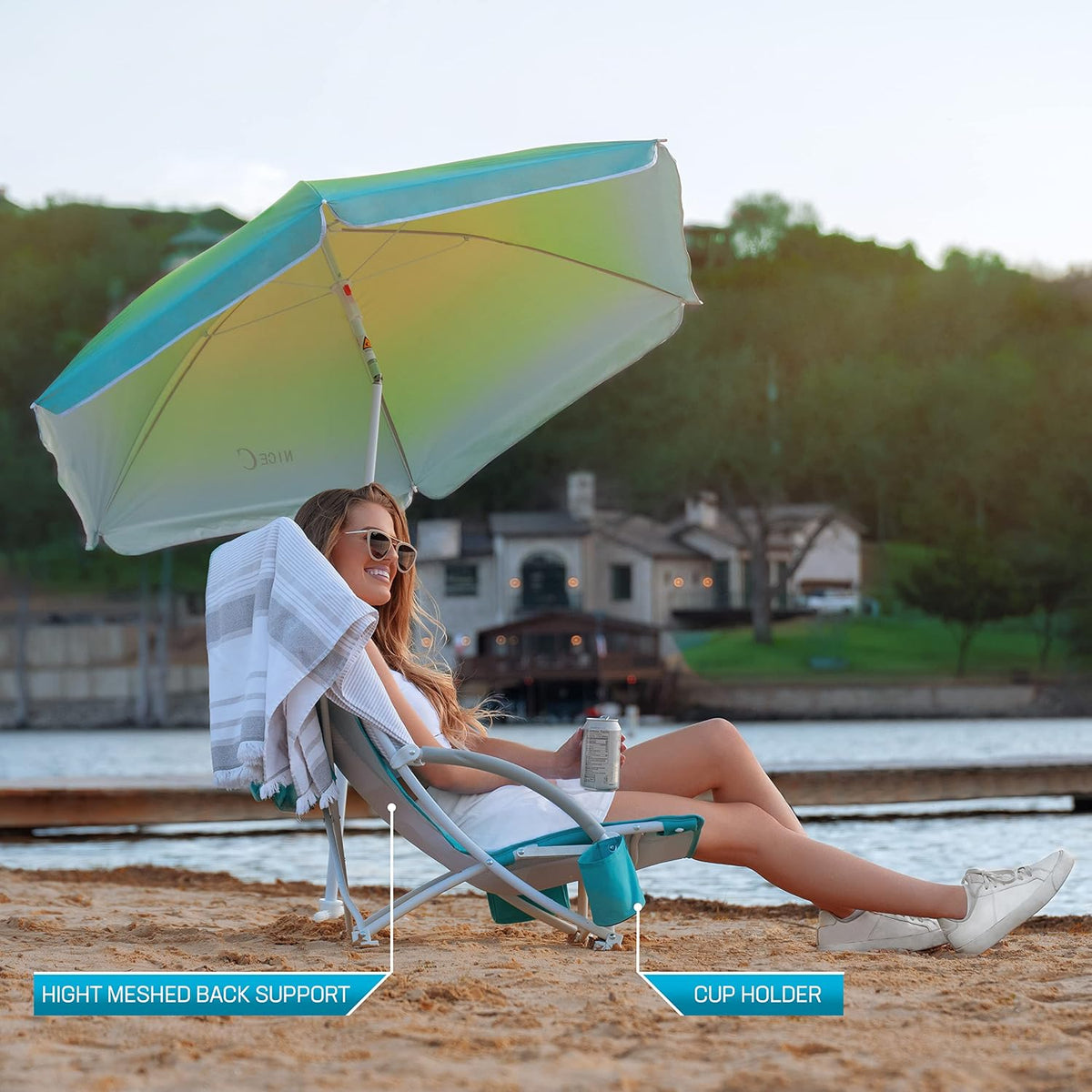 Nice C Low Beach Chair with Umbrella, Sand Chair, Lake Chair (1 Pack Blue)