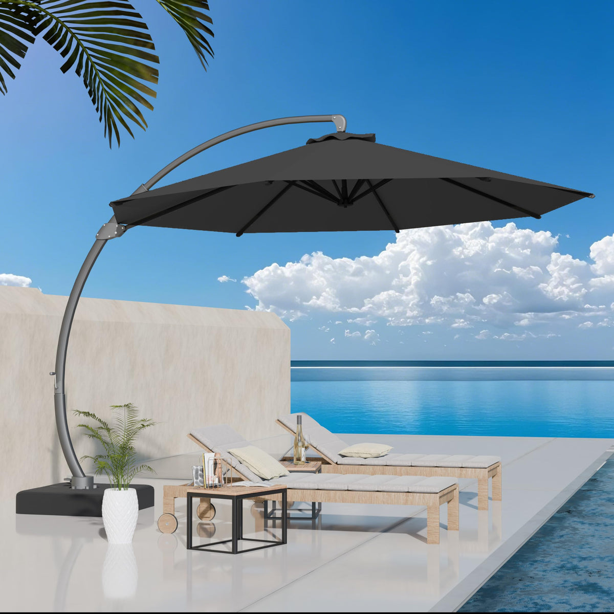 Kingdura 11ft Offset Cantilever Patio Umbrella with Base Included, Large Round Aluminum Outdoor Umbrella, 360° Rotation & Infinite Tilt, Heavy Duty Frame for Deck Pool Backyard, Beige