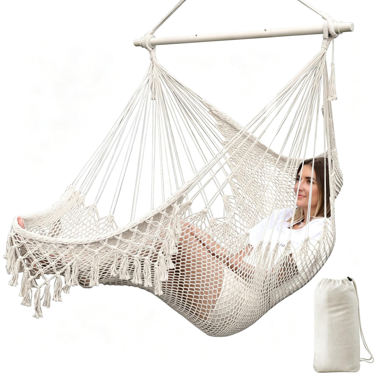 Chihee Hammock Chair Handmade Woven Mesh Hanging Seat Metal Spreader Bar