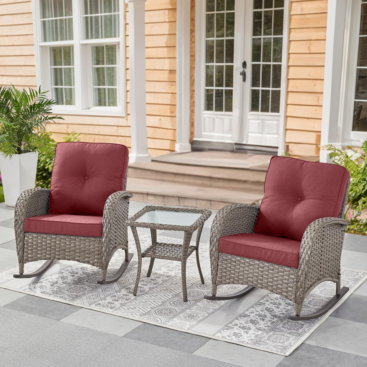 Belord Patio Rocking Chair Wicker Chair, 1 Piece Outdoor Rocking Chair Seating with Cushions for Porch Deck Balcony, Brown/Blue