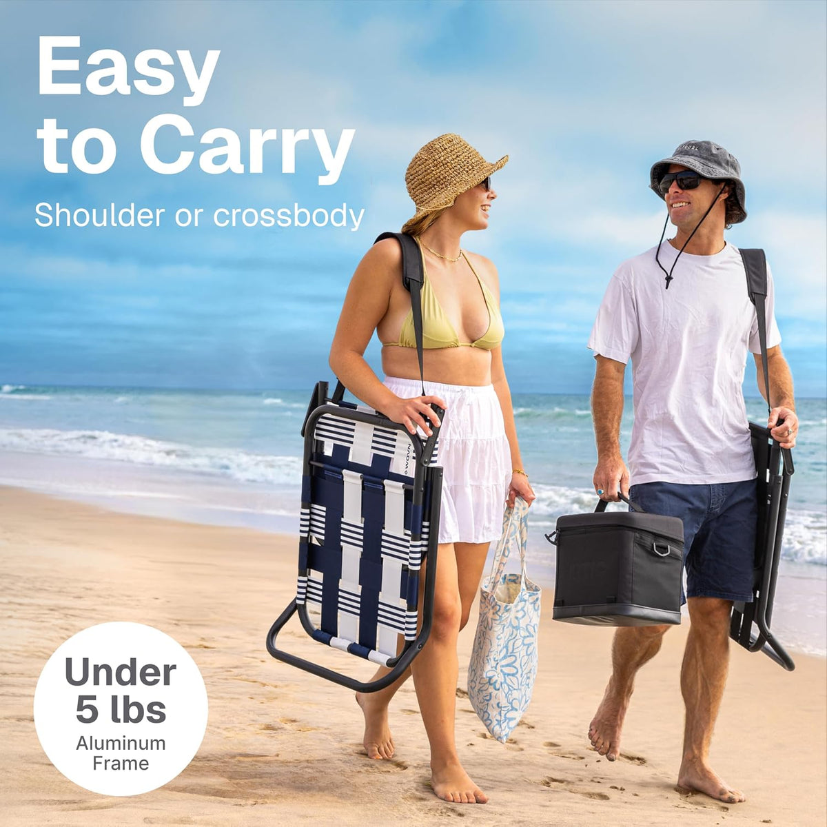 WOVN Low Beach Chairs - Premium Folding Beach Chair for Adults - Low Profile, Super Lightweight with Portable Shoulder Strap - Great for Sand and Lawn - Lido