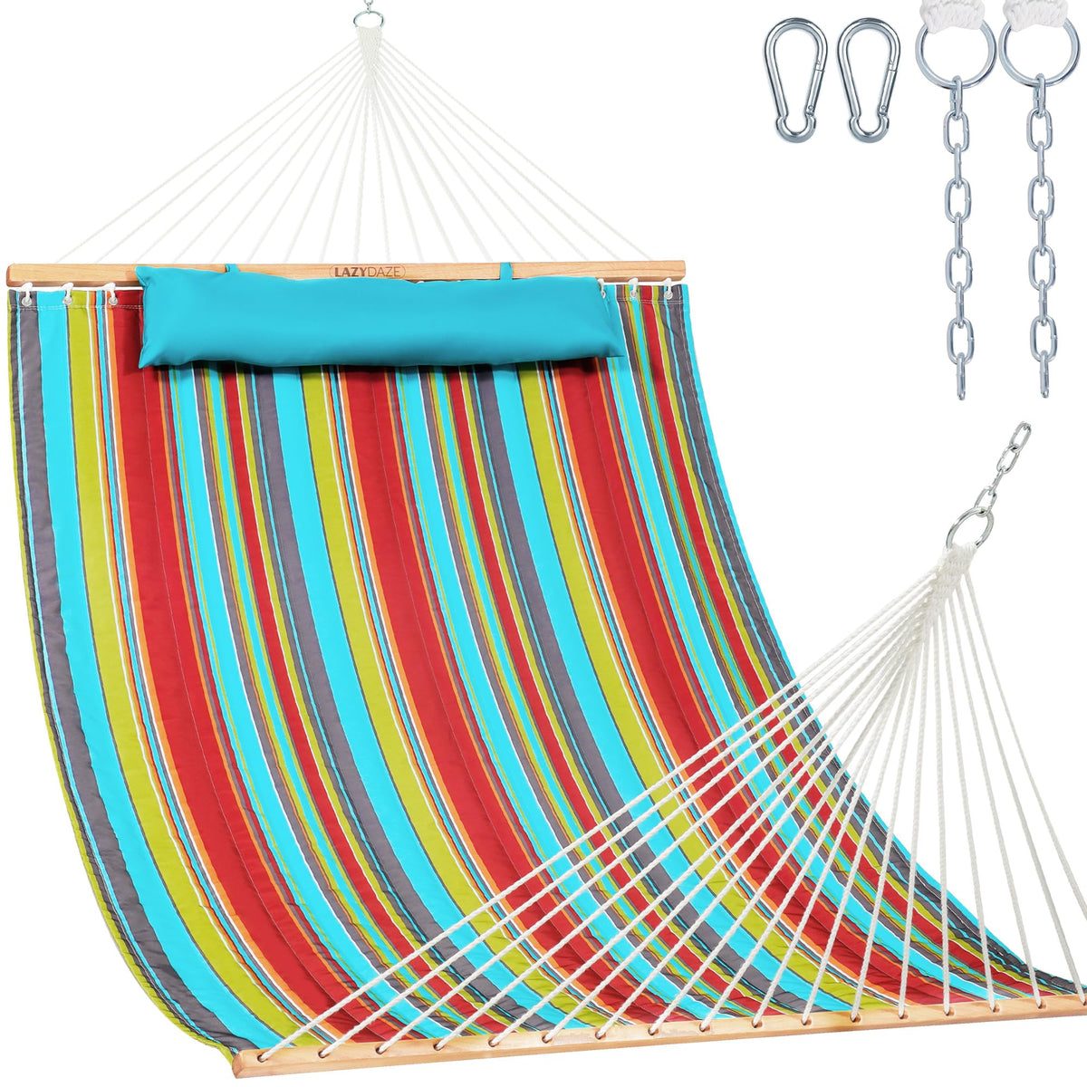 Lazy Daze Double Quilted Hammock with Carabiners & Soft Pillow for Outside