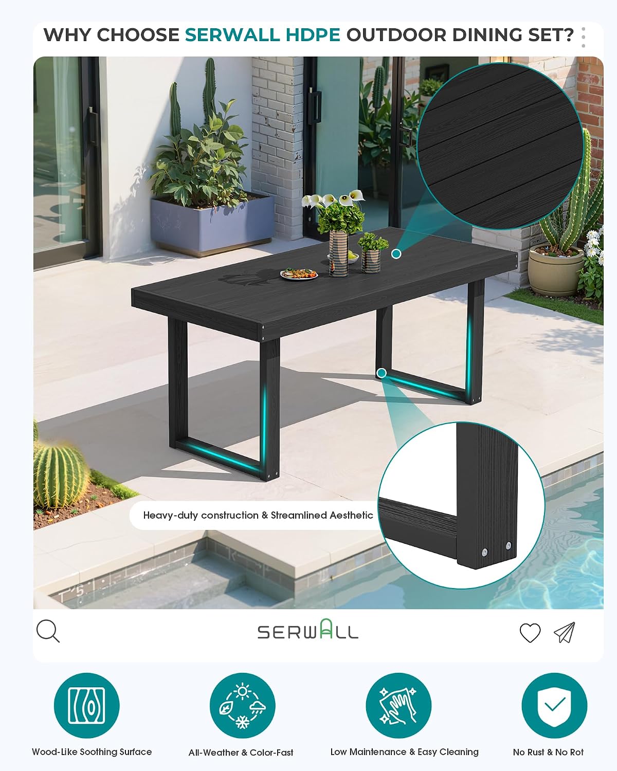 SERWALL HDPE Outdoor Dining Set for 4, 67'' Patio Table and Chairs Set