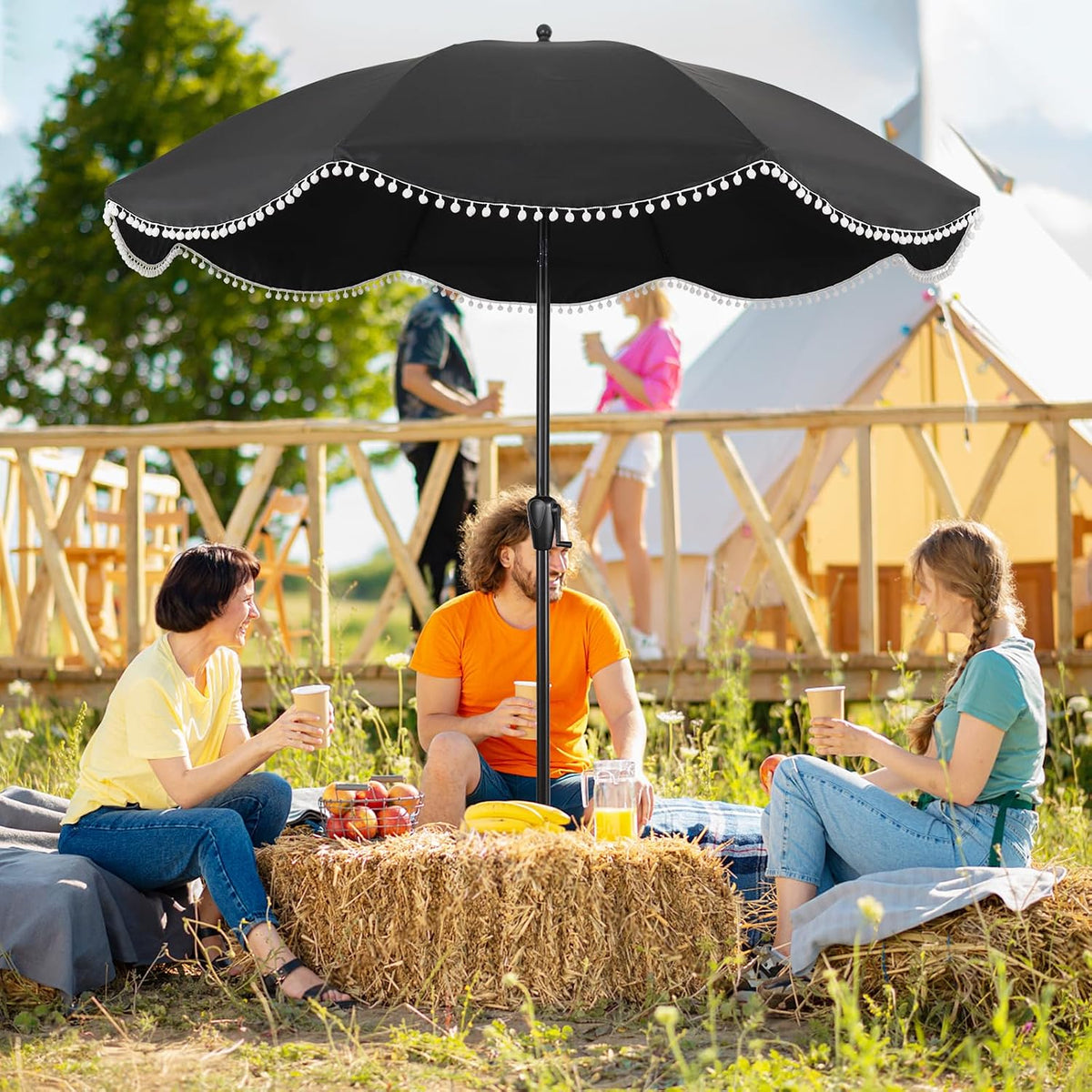 9' Patio Umbrella with Black Canopy and White Fringe Accents, Black Frame Market Umbrella for Patio, Deck, and Backyard by Sun-Ray