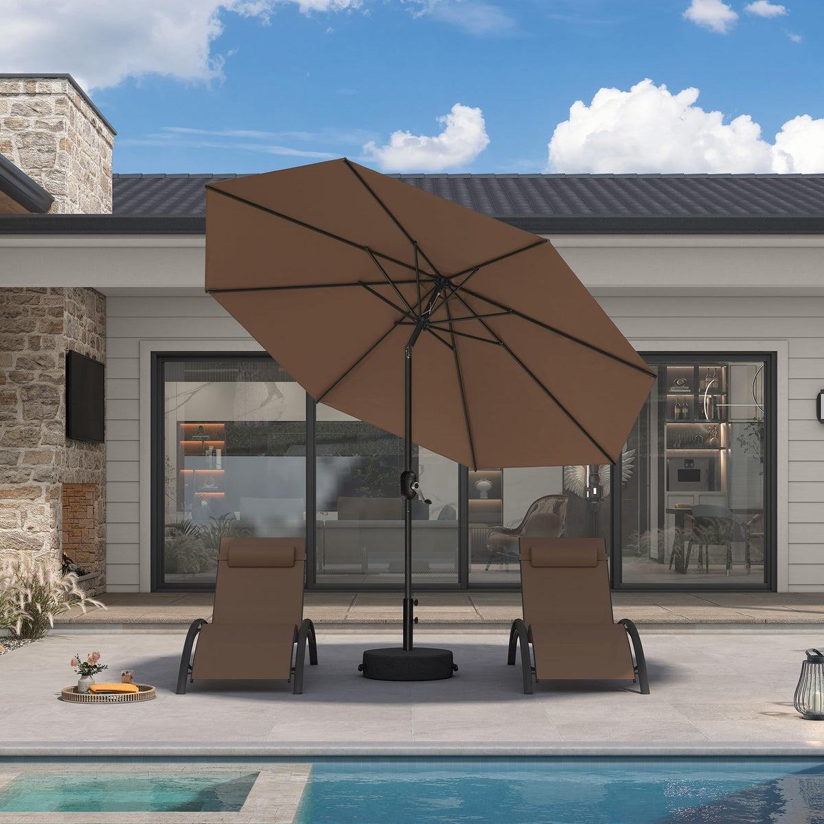PURPLE LEAF Pool Market Umbrella with Base 9' UV Protection Outdoor, Beige