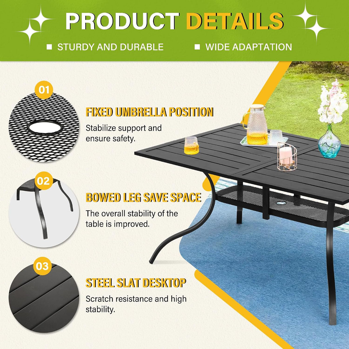 Incbruce Patio Dining Table, 60" x 36" Rectangle Metal Steel Slat Table, with 1.57" Umbrella Hole, for Backyards, Porches, Gardens or Poolside
