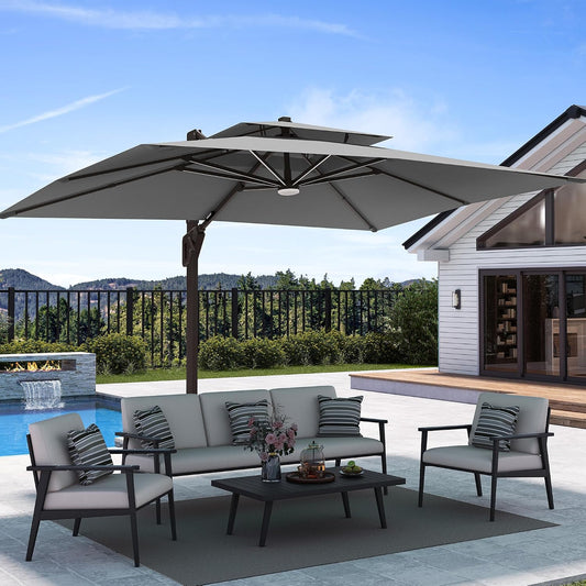 Deconk 9' X 12' Patio Cantilever Outdoor Umbrella with Base and LED Lights