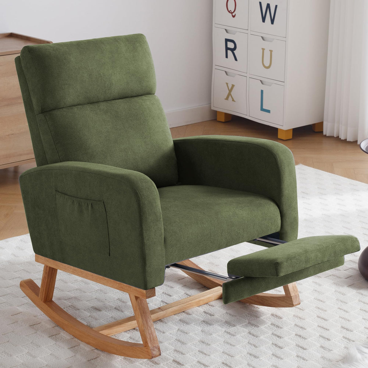 HCHAIRH Rocking Chair Nursery with Foot Rest, Nursing Rocking Chairs for Mom Nursery, Teddy Rocker Glider with High Backrest for Living Room, Bedroom, Teddy Green
