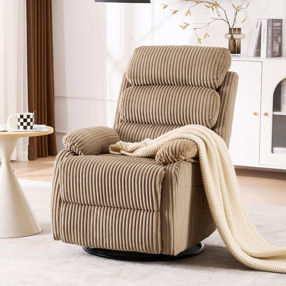 Adult 360° Rocking Recliner Chair，Nursery Rocker Reclining Chair with Side Pocket, a Comfy upholstered Single Sofa Armchair. Suitable for Living Room, Bedroom Nursing use, Velvet Fabric in Beige