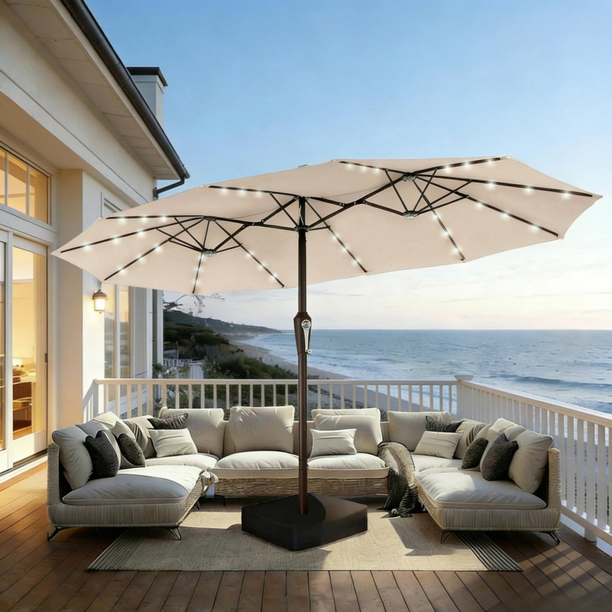 15FT Patio Umbrella with Solar Lights, Double-Sided Extra Large Outdoor Table Umbrella with Base Included, Heavy-Duty 12 Iron Ribs Market Umbrella for Garden, Pool, Backyard, Turquoise Blue