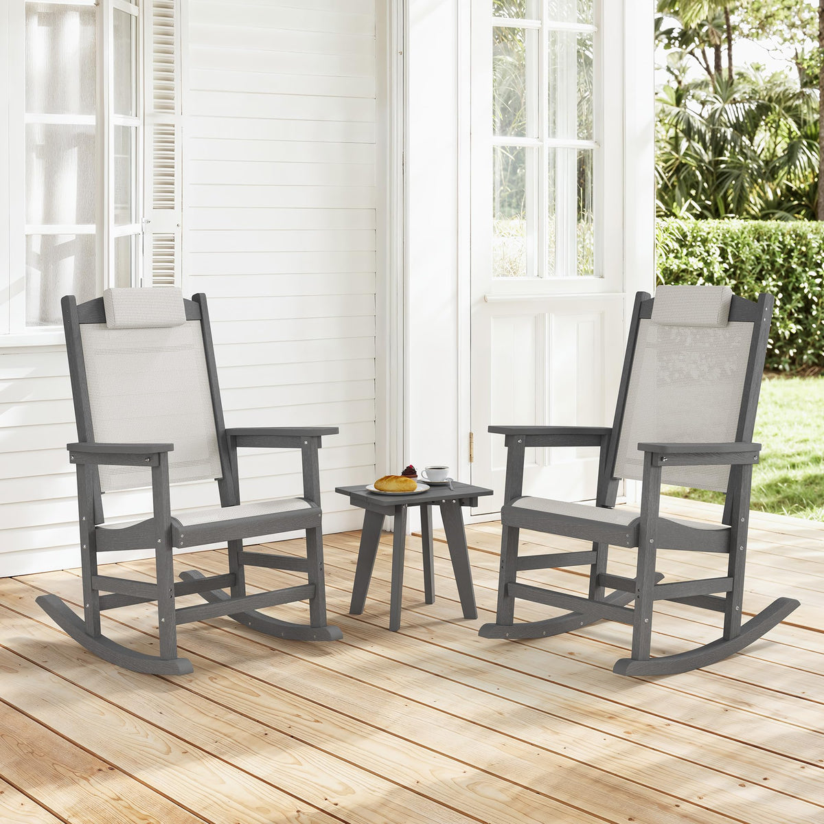 Outdoor Rocking Chair Set of 2 with Removable Headrest, HDPE All-Weather Rocker with Breathable Textilene, Patio Rocking Chairs for Adult, High Back Smooth for Porch, Garden, Lawn, Black
