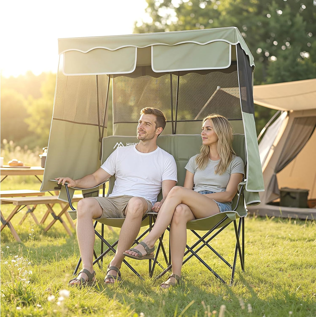 Double Camping Chair with Canopy,2 Person Folding Chair with Canopy, Green
