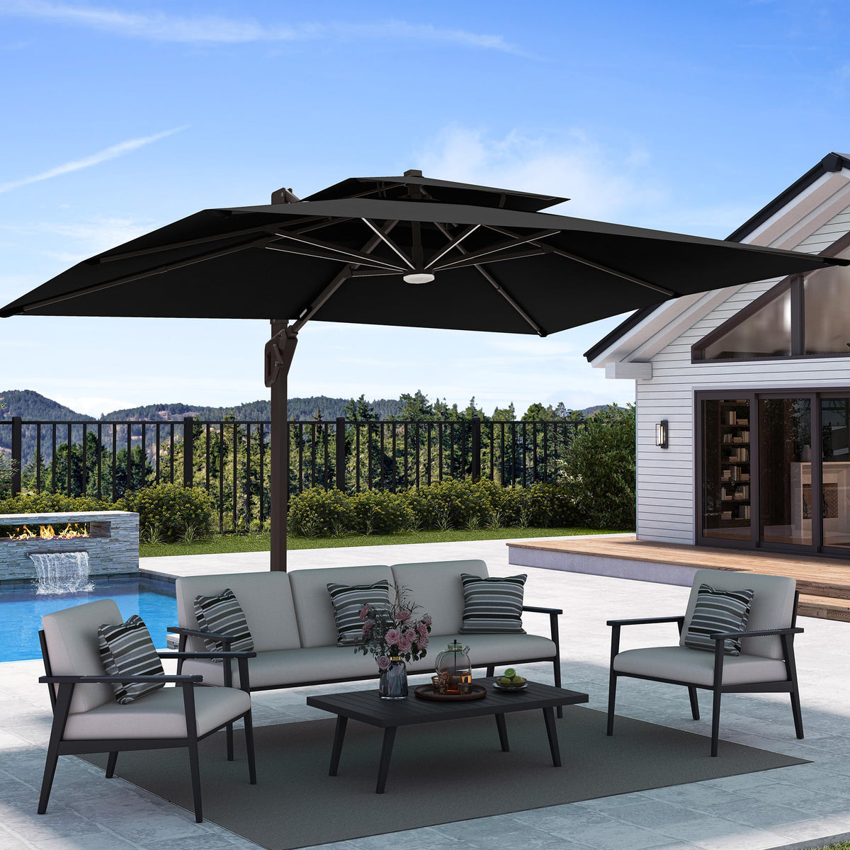 Deconk 9' X 12' Patio Cantilever Outdoor Umbrella with Base and LED Lights