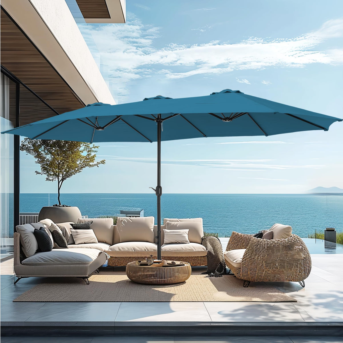 PHI VILLA 15ft Large Outdoor Patio Umbrella with Base Included, Beige