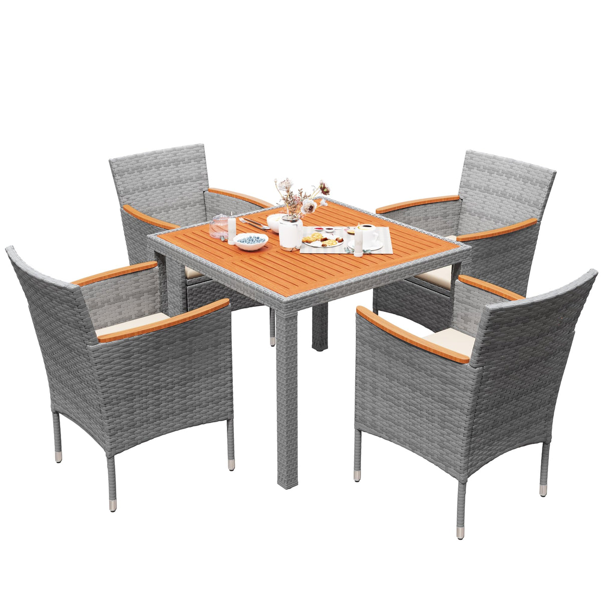Devoko 7 PCS Acacia Wood Patio Dining Set, Black Rattan