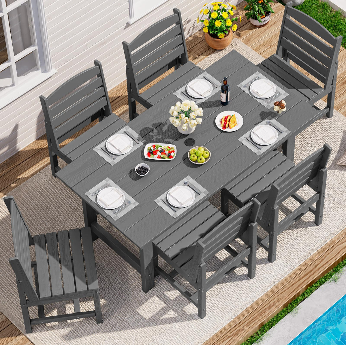 SERWALL 7 Pcs Outdoor Dining Set, 67" HDPE Dining Set for 6, Black