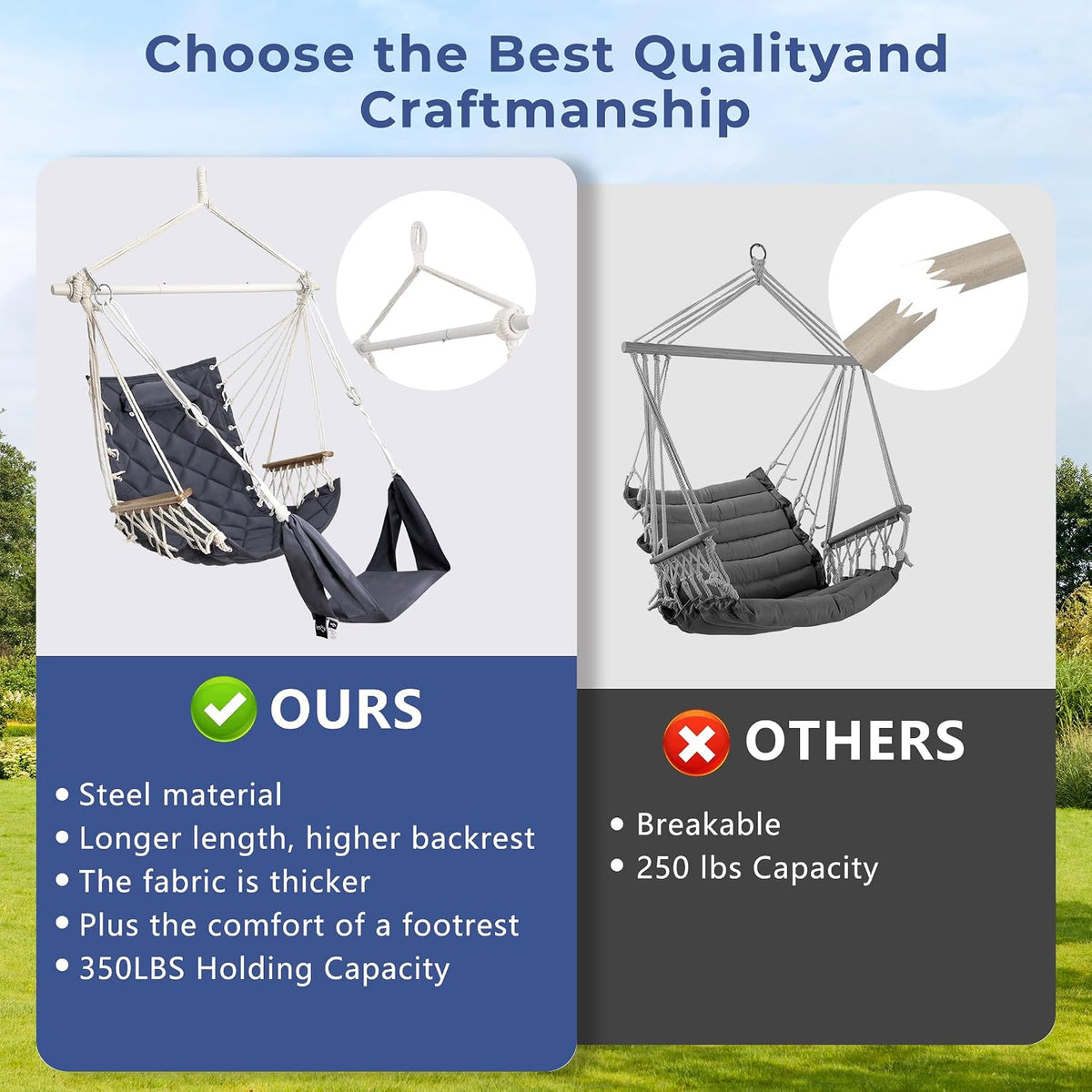Hammock Chair Hanging Swing,with Footrest&Wooden Armrest;Dark Grey