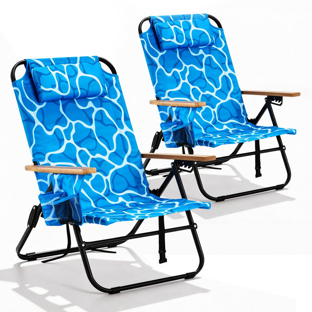 2 Pack Premium 5-Position Reclining Camping Chair - Portable Folding Lightweight Outdoor Chair with Wooden Armrests, Headrest & Pockets, 350lbs Heavy Duty for Beach, Patio, Backyard, Black