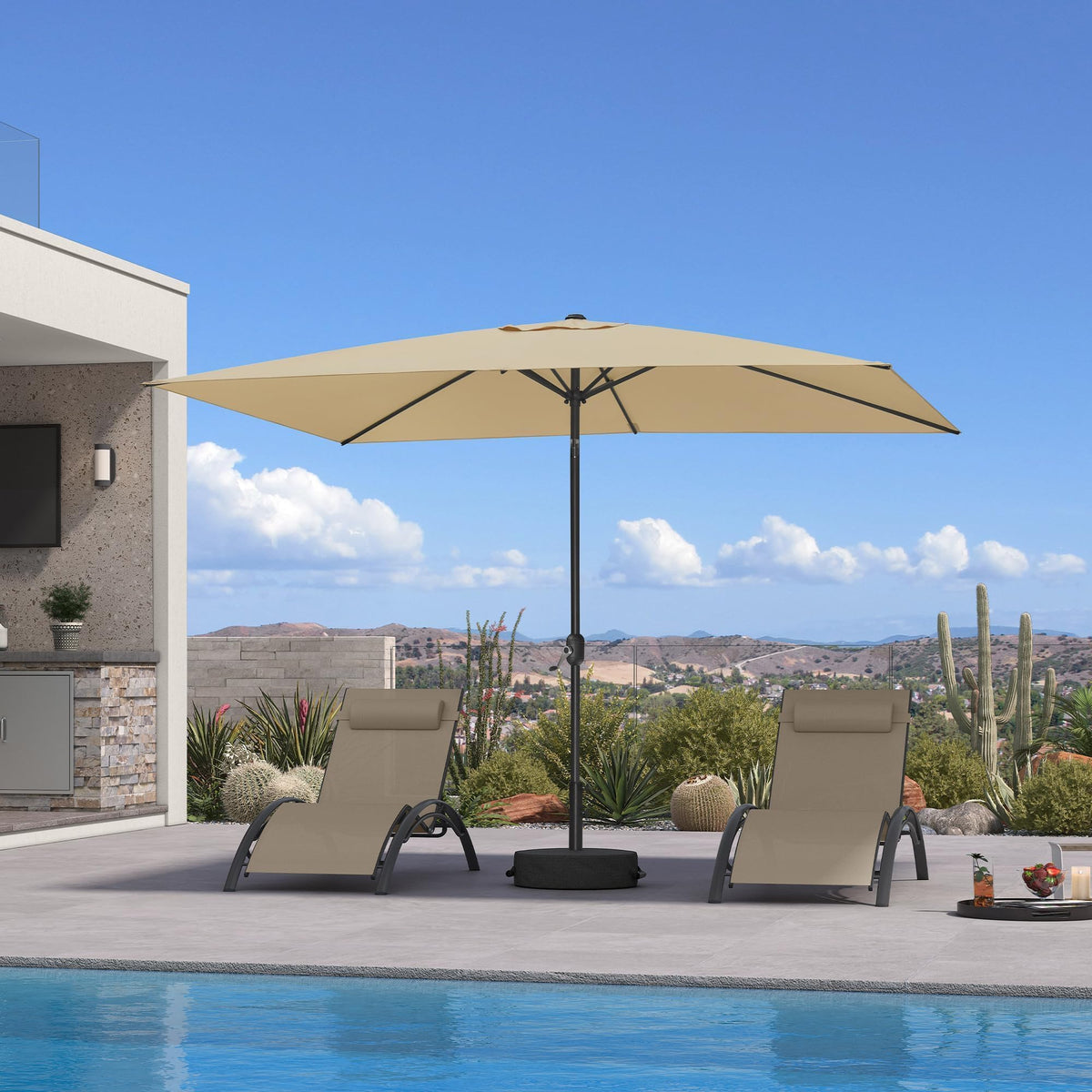PURPLE LEAF Pool Market Umbrella with Base 9' UV Protection Outdoor, Beige
