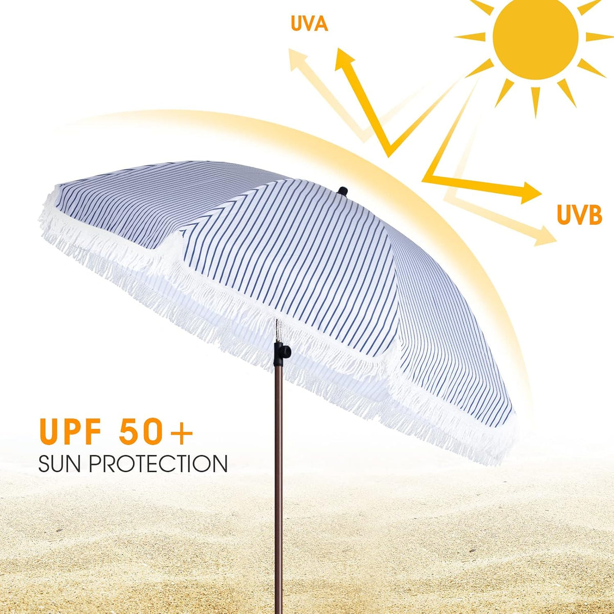7.5Ft Patio Beach Umbrella with Fringe & Tassel, UPF50+ Push Button Tilt & Crank, Ideal for Garden, Lawn, Deck, Yard & Pool