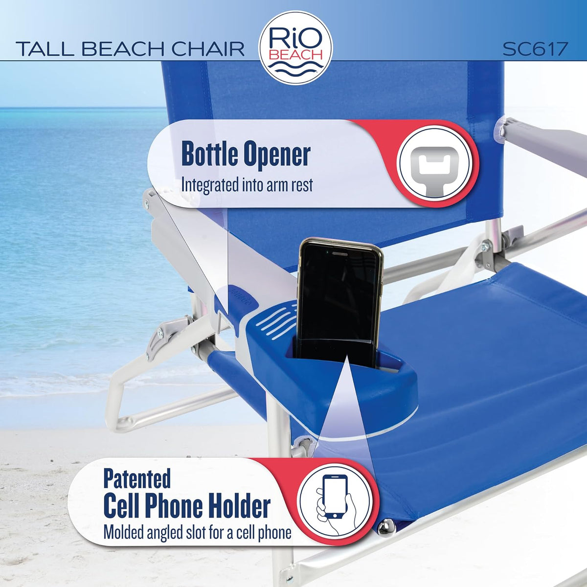 Rio Beach 2-Pack 17" Extended Height 4-Position Folding Beach Chair, Blue/White