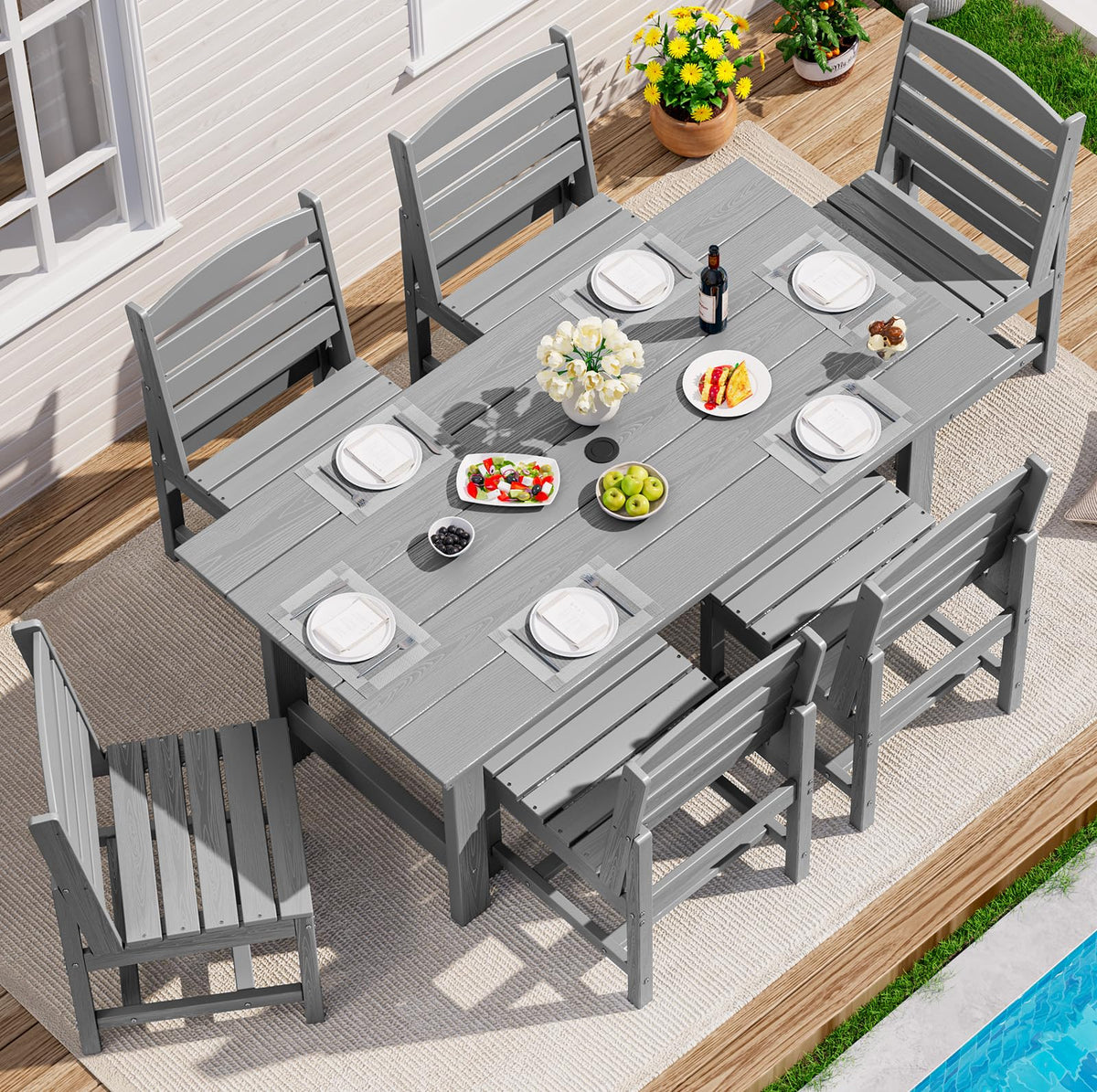 SERWALL 7 Pcs Outdoor Dining Set, 67" HDPE Dining Set for 6, Black
