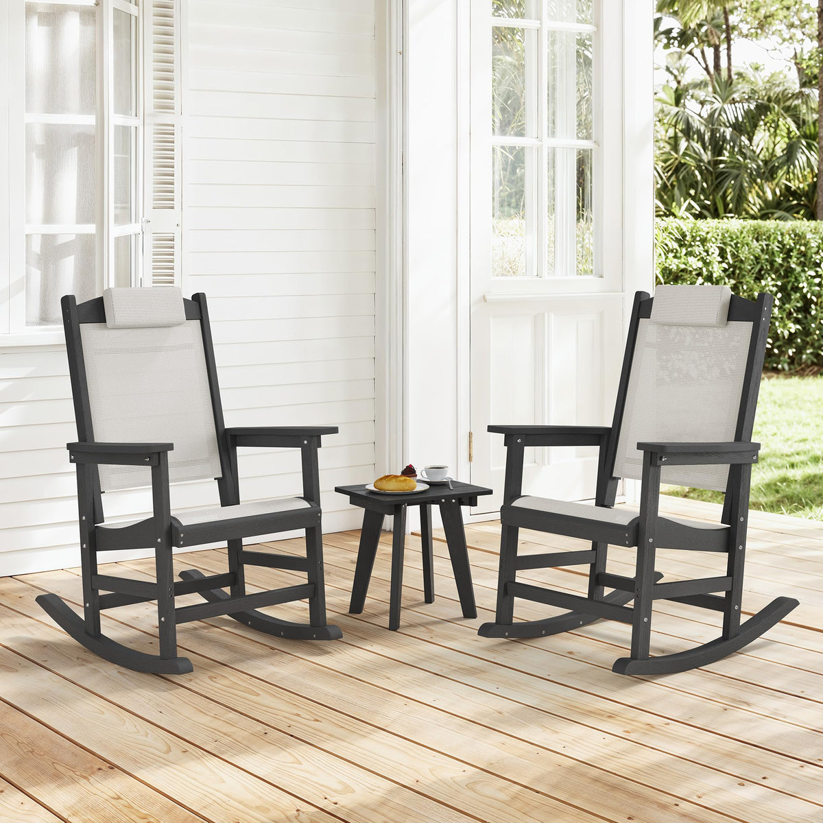 Outdoor Rocking Chair Set of 2 with Removable Headrest, HDPE All-Weather Rocker with Breathable Textilene, Patio Rocking Chairs for Adult, High Back Smooth for Porch, Garden, Lawn, Black