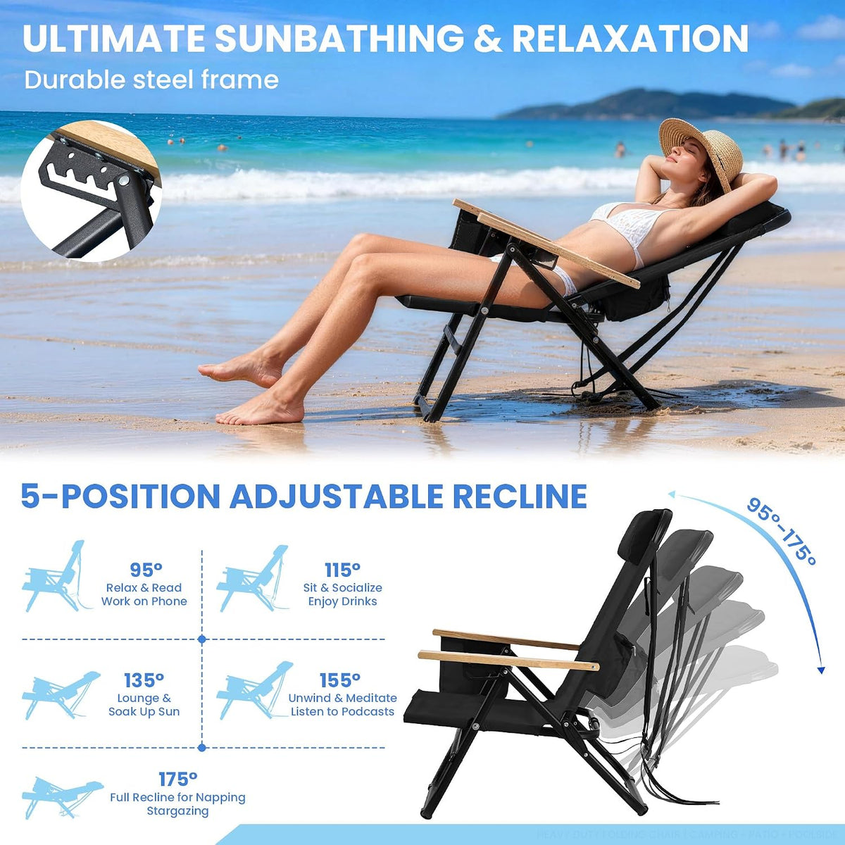 2 Pack Premium 5-Position Reclining Camping Chair - Portable Folding Lightweight Outdoor Chair with Wooden Armrests, Headrest & Pockets, 350lbs Heavy Duty for Beach, Patio, Backyard, Black