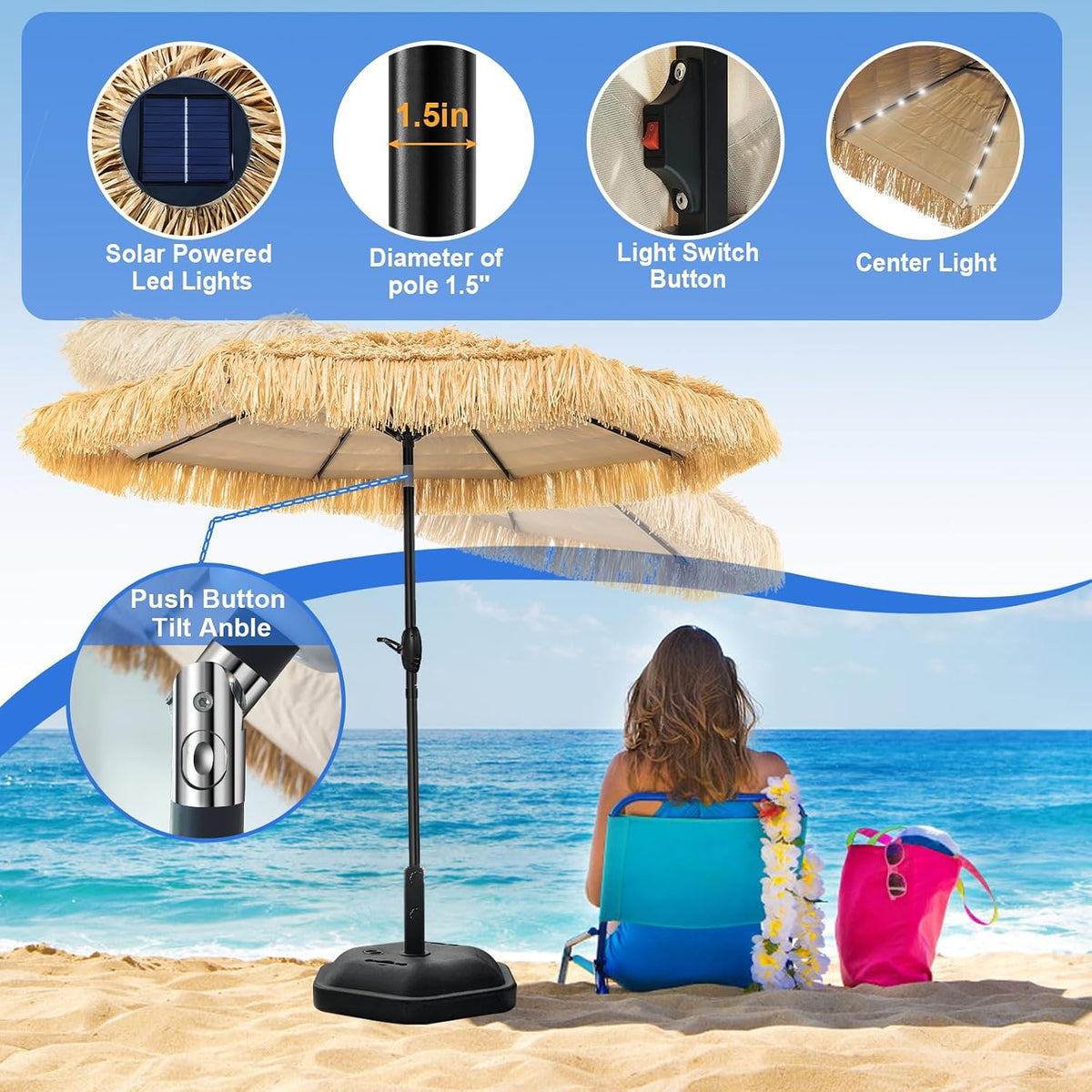 9FT Solar Tiki Thatched Umbrella With 32 LED+1 Centre Lights for Outdoor