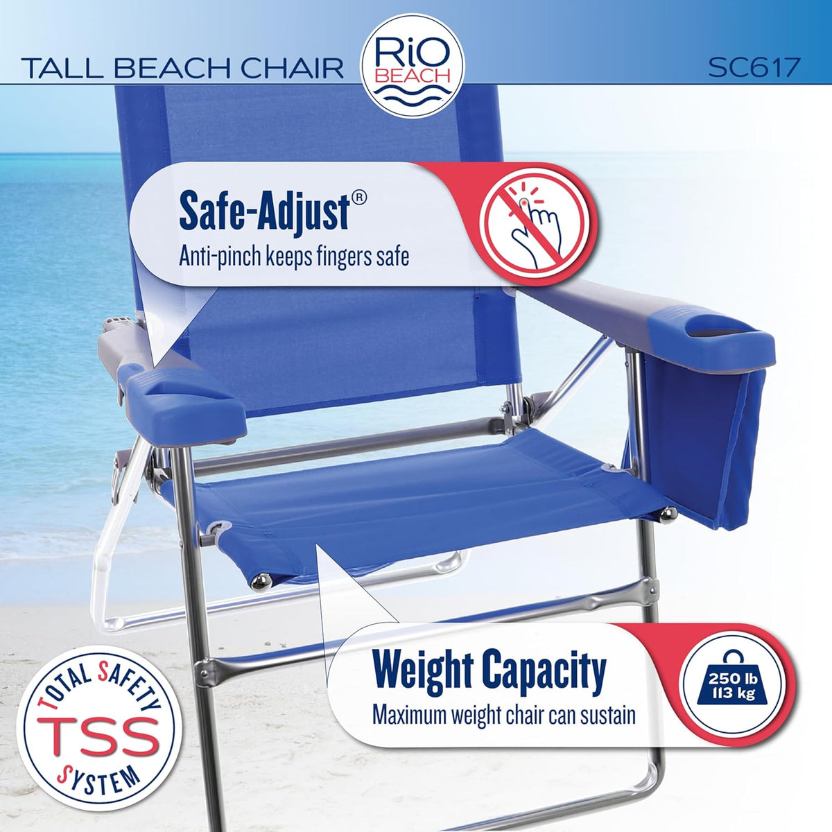 Rio Beach 2-Pack 17" Extended Height 4-Position Folding Beach Chair, Blue/White