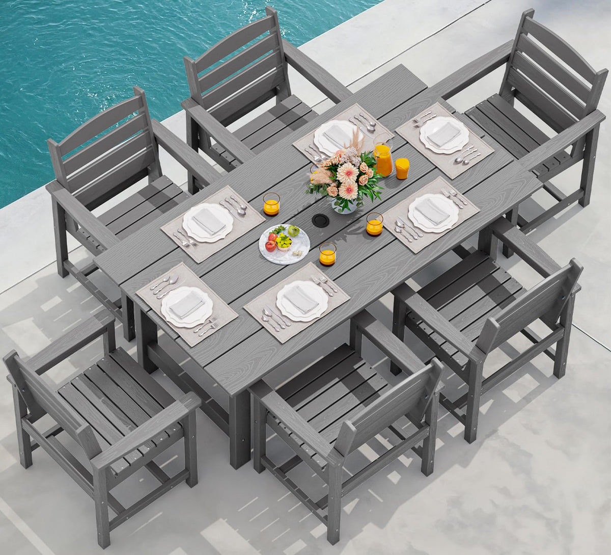 SERWALL 7 Pcs Outdoor Dining Set, 67" HDPE Dining Set for 6, Black