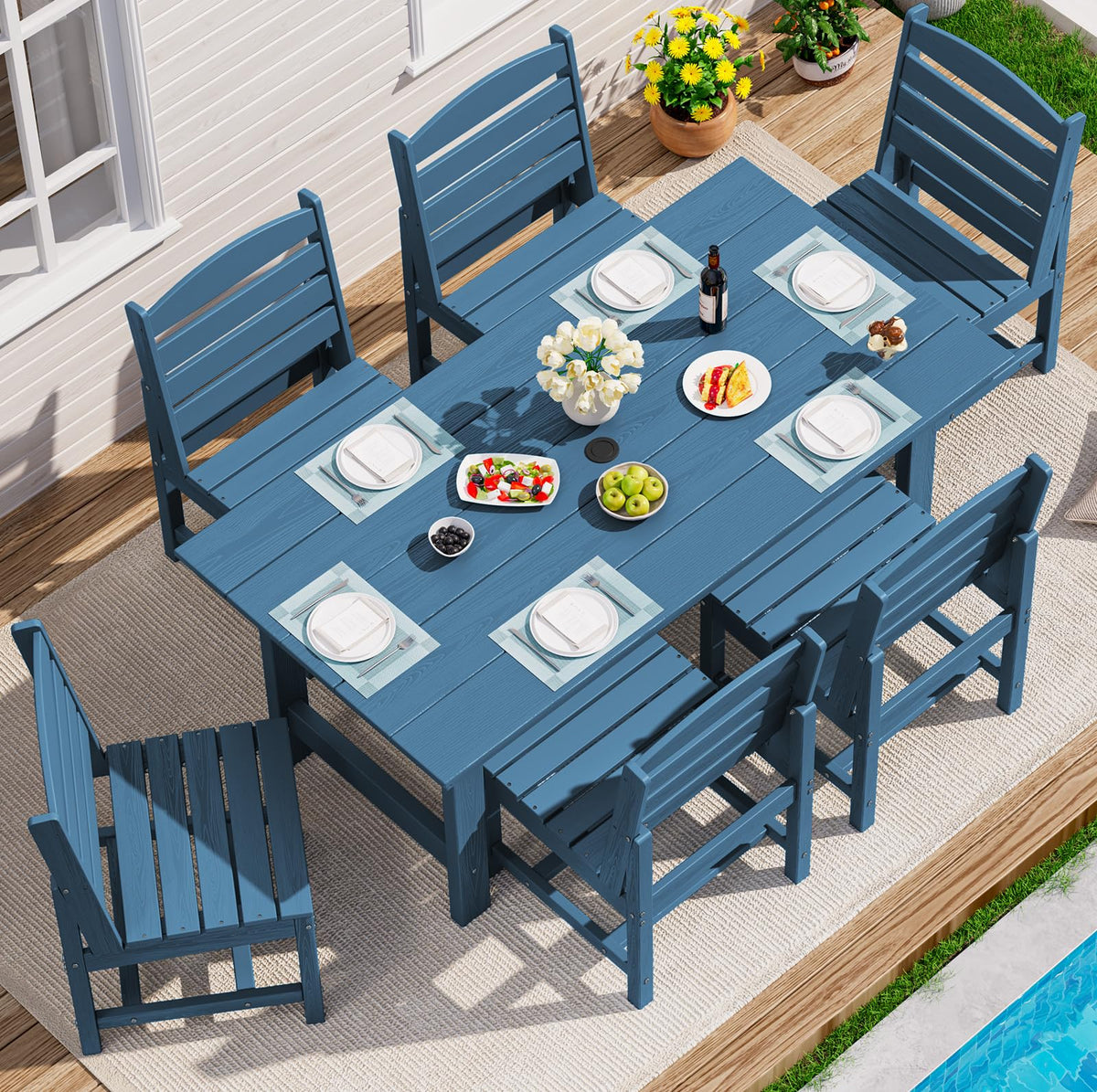 SERWALL 7 Pcs Outdoor Dining Set, 67" HDPE Dining Set for 6, Black