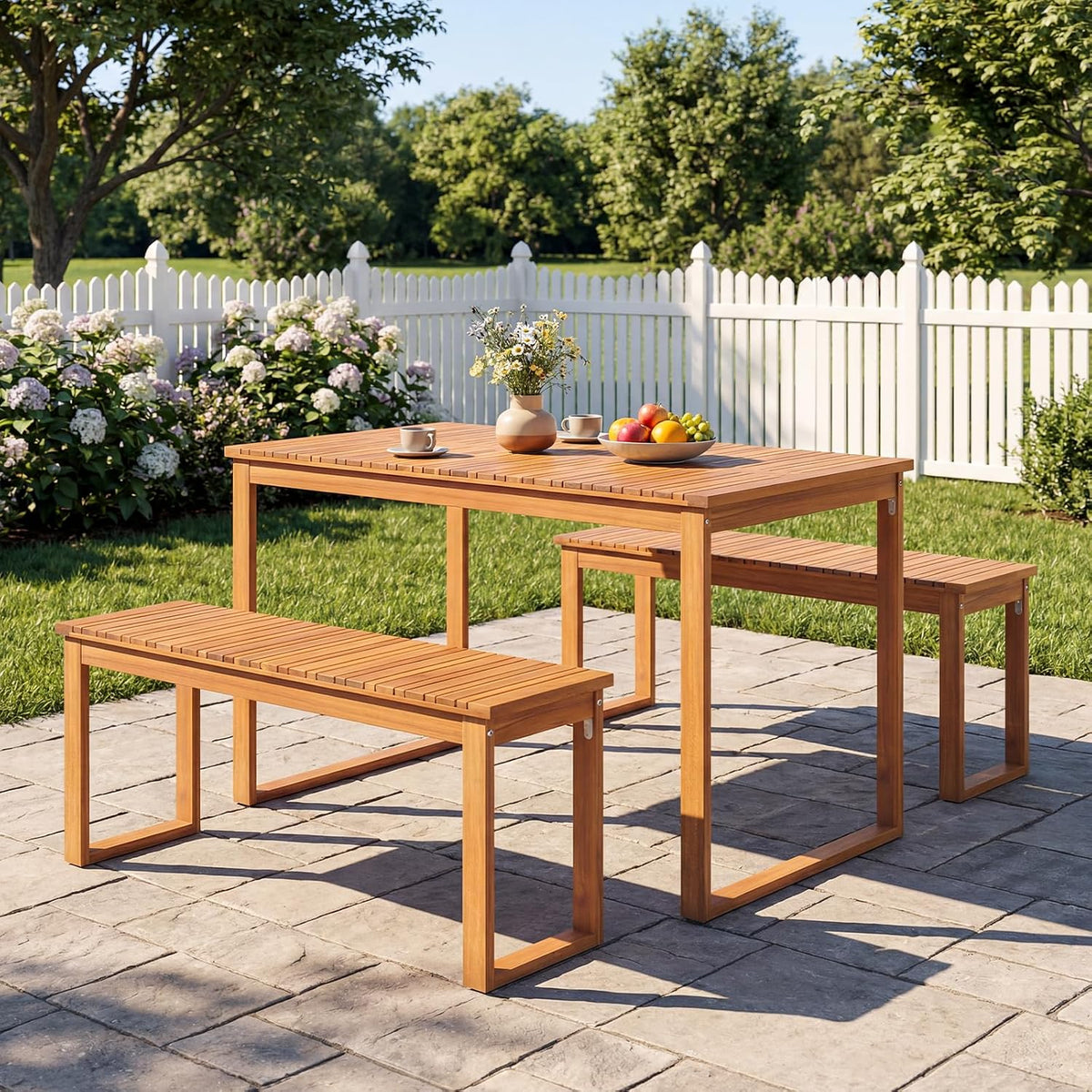 Tangkula 3 Pieces Patio Wooden Dining Set, Acacia Wood Rectangular Picnic Beer Table with 2 Benches for 4 People, Outdoor Dinner Furniture Set for Backyard, Garden and Poolside